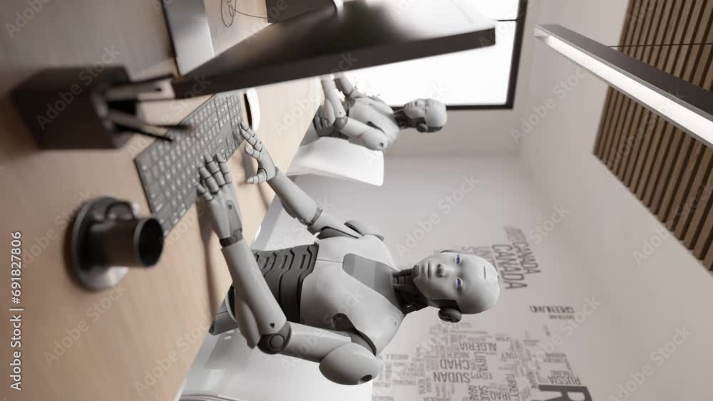 Aufkleber vertical robot humanoid cyber sitting in office while chatting with customer on website and help car