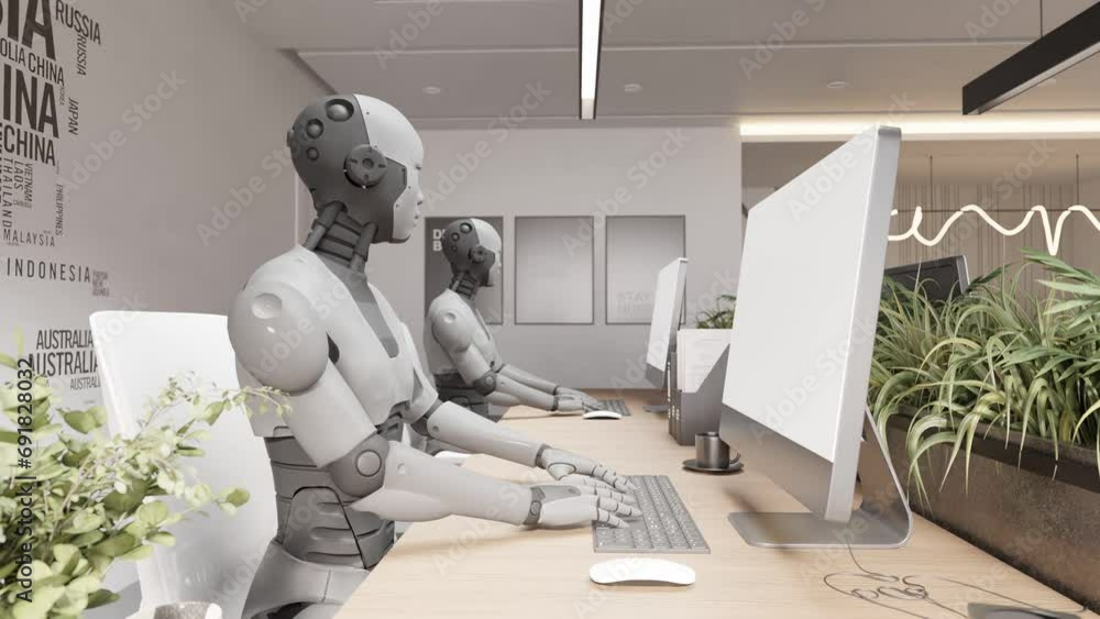 Aufkleber futuristic robot chatting with customer on website and help and care animation of chatbot with hud i