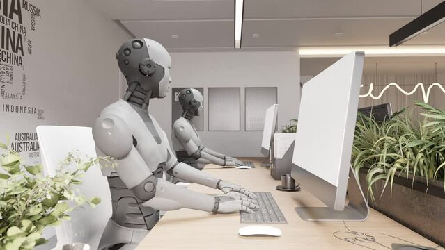 futuristic robot chatting with customer on website and help and care animation of chatbot with hud interface keyboard artificial intelligent