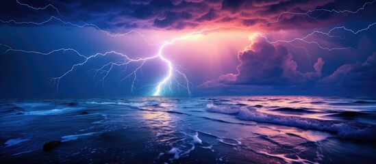 Stunning scene as lightning strikes over serene sea at dusk.