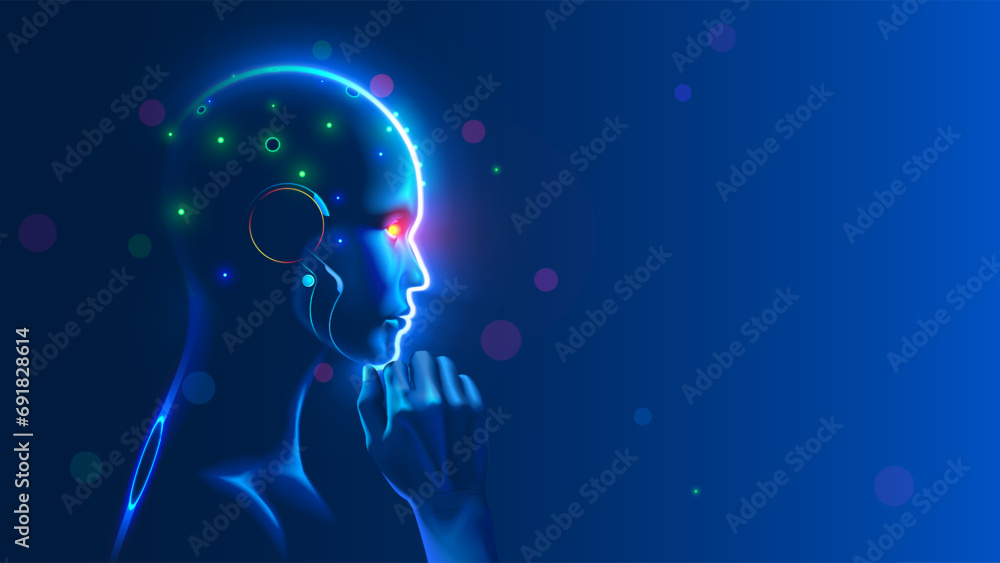 Aufkleber AI or artificial intelligence in image humanoid face head in profile view. AI solves problem. Bald head of artificial intelligence looks thoughtfully. Electrodes are connected to head of AI.