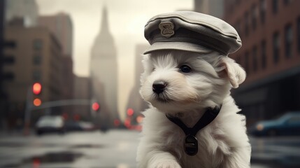 A small white dog wearing a hat on a city street. Generative AI.