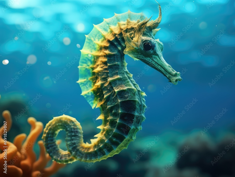 Wall mural A close up of a sea horse in the water. Generative AI.