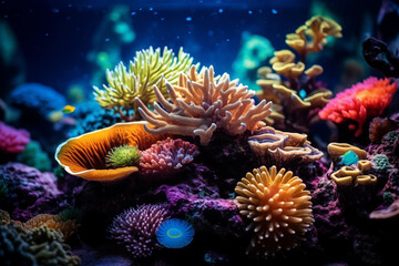 vibrant colors and shapes of different coral species in the reef