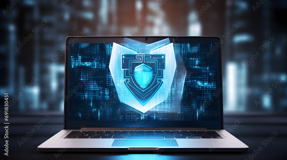 Aufkleber hand show virtual laptop computer with cyber security business technology cyber security firewall an