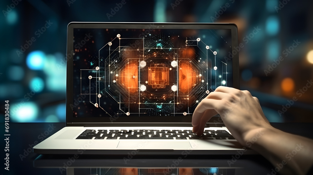 Aufkleber hand show virtual laptop computer with cyber security business technology cyber security firewall an