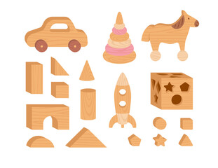 Cartoon wooden toys vector set, car and rocket, pyramid and horse, bricks, children logical game cubic construction
