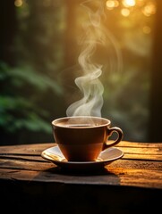 Fototapeta premium A coffee cup with steam on a wooden table in the forest at sunset. Generative AI.