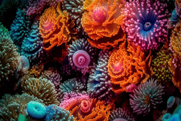 A dense carpet of vibrantly colored coral polyps