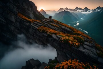 A rocky mountain ledge overlooking a misty abyss, adorned with resilient flowers clinging to the rugged terrain. - obrazy, fototapety, plakaty