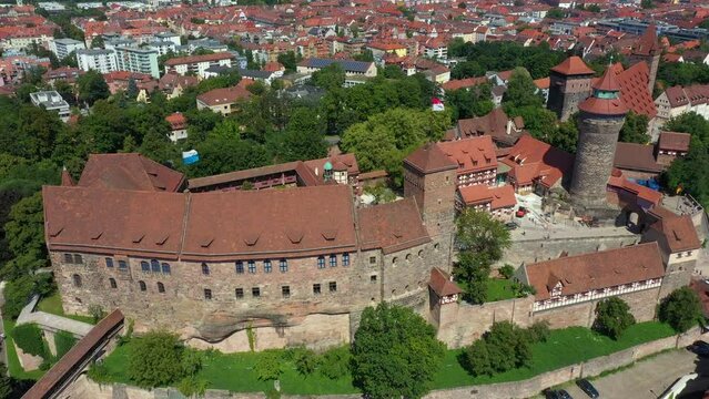 Nuremberg: Aerial view and Pedestal rise  of Imperial Castle of Nuremberg and Sinwell Tower in historic city centre - landscape panorama of Bavaria from above, Germany, Europe