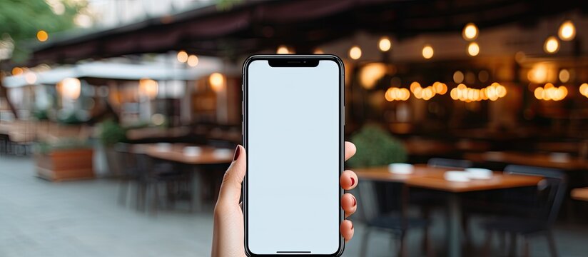 Woman displaying smartphone screen at outdoor cafe.