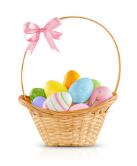 Easter eggs in a wicker basket decorated with a bow
, highlighted on a white background with shadow and reflection