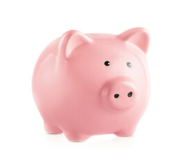 Pink piggy bank with eyes, highlighted on a white background with shadow and reflection