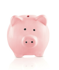 piggy bank pink pig in full face isolated on a white background