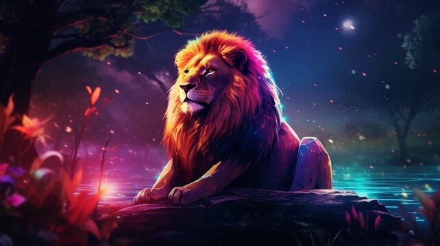 Lion animal sitting river bank AI Generated pictures