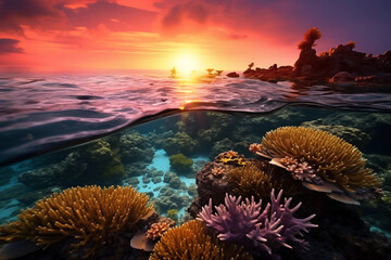 The romance of a coral reef as the sun sinks below the horizon