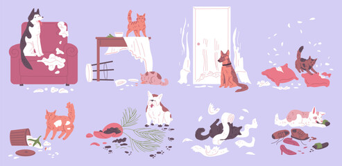 Home disorder made by cats and dogs set. - obrazy, fototapety, plakaty