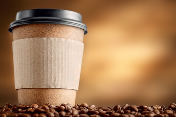  close-up shot of a paper cup on a pile of coffee beans