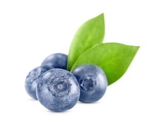 blueberry berries with leaves isolated on a white background with shadow and reflection