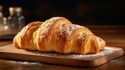The croissant bread on the wooden plate on the table looked most appetizing.