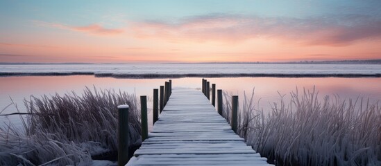 Winter sunset on a deserted dock. - obrazy, fototapety, plakaty