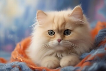 cute persian cat nestled in a orange fluffy blanket