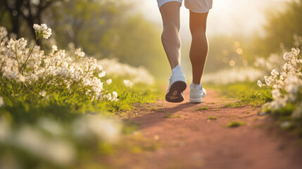 Legs of a male runner jogging in flower field in spring season morning