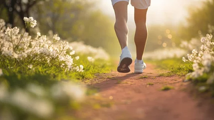 Foto op Plexiglas Legs of a male runner jogging in flower field in spring season morning © Keitma