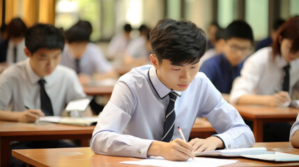 Asian boys students taking an exam in a classroom , examination test takers in a class in Asia