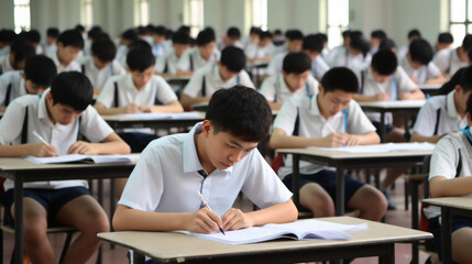 Asian boys students taking an exam in a classroom , examination test takers in a class in Asia