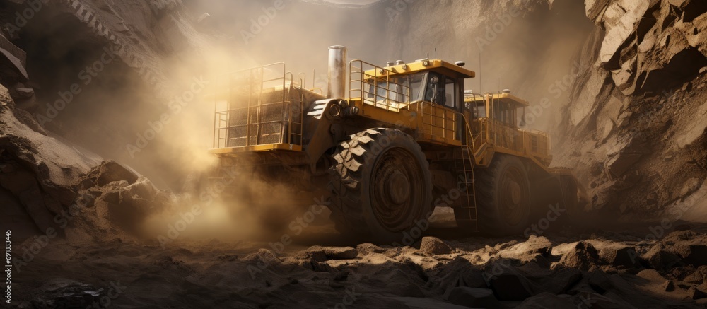 Poster loading sand onto a freight train using a large, heavy front-end loader in a quarry for heavy mining