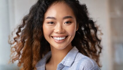 Joyful young Asian woman with curly hair