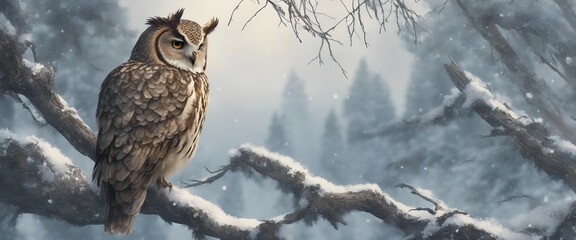 owl in a pine tree in winter