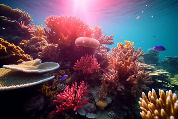 Fototapeta na wymiar sunlit corals blooming beneath the surface in a colorful underwater landscape
