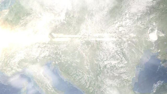 Zoom in from space and focus on Godollo, Hungary. 3D Animation. Background for travel intro. Elements of this image furnished by NASA