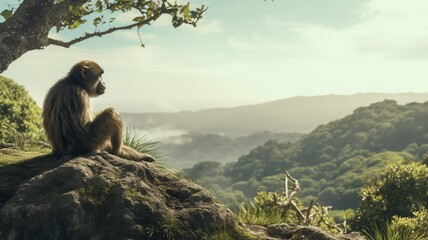 Monkey animal hill next tree AI Generated pictures
