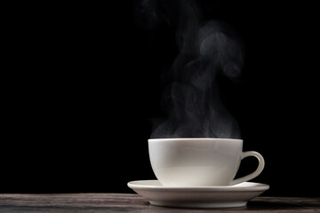 Coffee cup or tea cup with steam smoke of coffee on wooden table in black background.