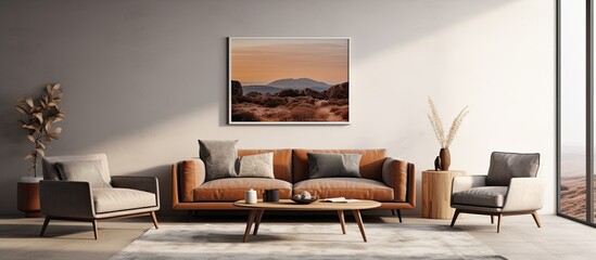 Unique living room design with stylish furniture, mock-up poster, and modern decor. Template.