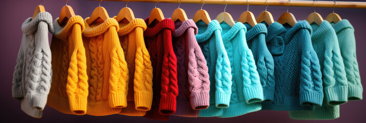 Colorful sweaters hanging on a wall, showcases vibrant sweaters displayed on a wall. Suitable for fashion blogs, winter clothing advertisements, and cozy-themed social media posts. - obrazy, fototapety, plakaty