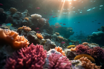 Fototapeta na wymiar Underwater shot that captures the gentle movement of the water around the corals