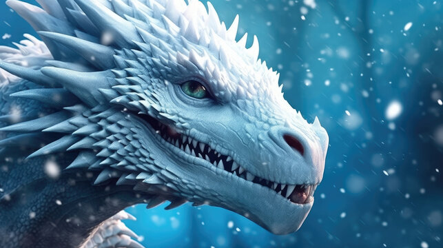 head of a dragon, A close-up of a dragon with a snow background. This fierce and majestic dragon image is perfect for fantasy book covers, posters, and winter-themed designs.