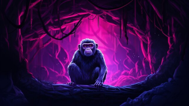 Monkey Neon light animal sitting cave pictures AI Generated Art