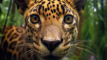close up portrait of a leopard, potrait of  Jaguar in the Amazon Jungle Rain  - obrazy, fototapety, plakaty