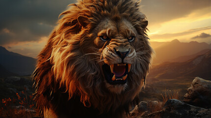 snarling lion on a rock. Lioness on the rock. Latin name Panthera leo. generative ai - obrazy, fototapety, plakaty