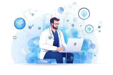 Medical technology, online health, global health network and tourism concept. Doctor using digital tablet and laptop computer, electronic medical record, internet network connection is. Generative Ai.
