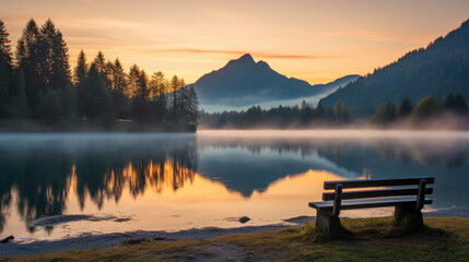 sunrise over lake, Relaxing place on the shore of Hintersee lake at sunrise.Calm morning view of Bavarian Alps. Beauty of nature concept background