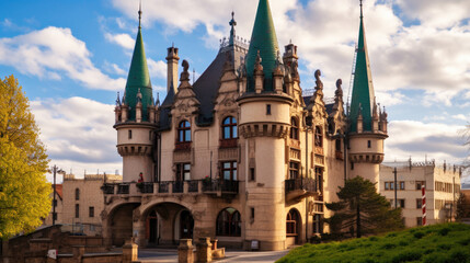 Fototapeta premium city castle and charles bridge, neo-gothic Jakab's palace in Kosice, Slovakia.3d illustration