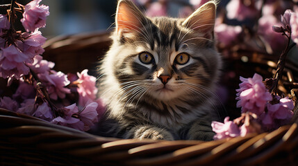 stripped kitten is sitting in a basket full of spring lilacs and look at camera. generative ai