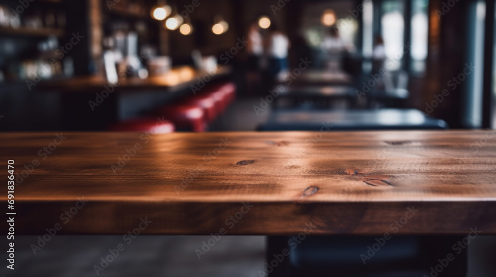 Poster empty wooden table and coffee shop blur background with bokeh image.